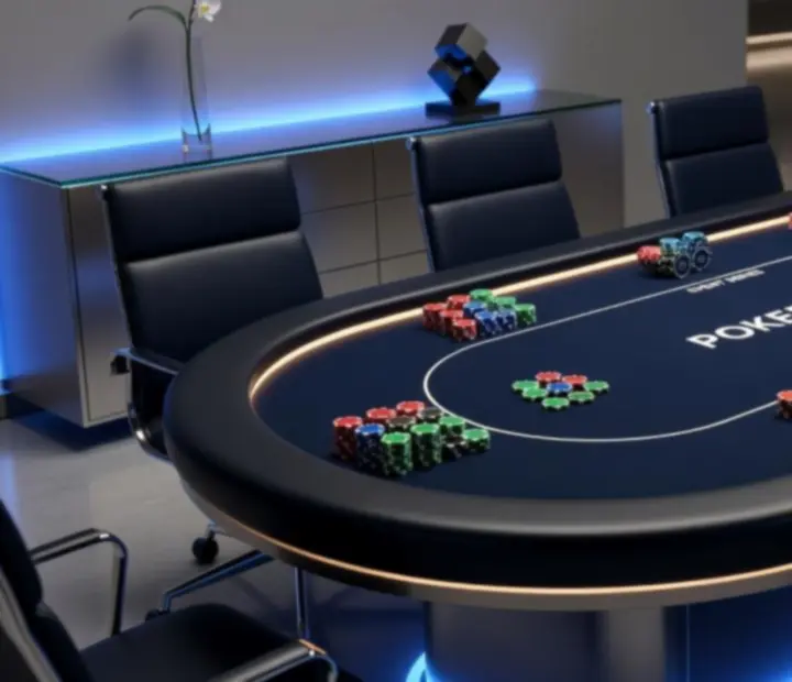 Detail pokerového stolu, žetonů a rekvizit na společenské akci